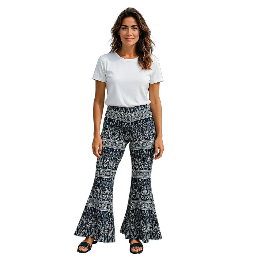 Windsor Dark Navy White Paisley  Patterned Flowy Bohemian Flare Pants Size Small